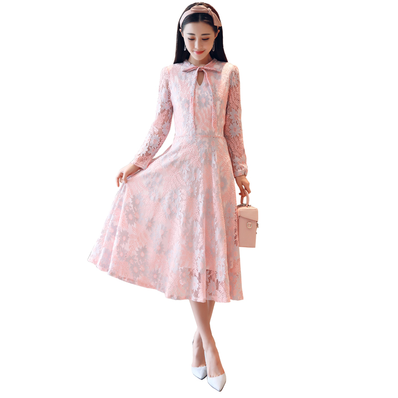 连衣裙蕾丝纯色圆领中腰单件大摆型2018年春季长袖长裙蝴蝶