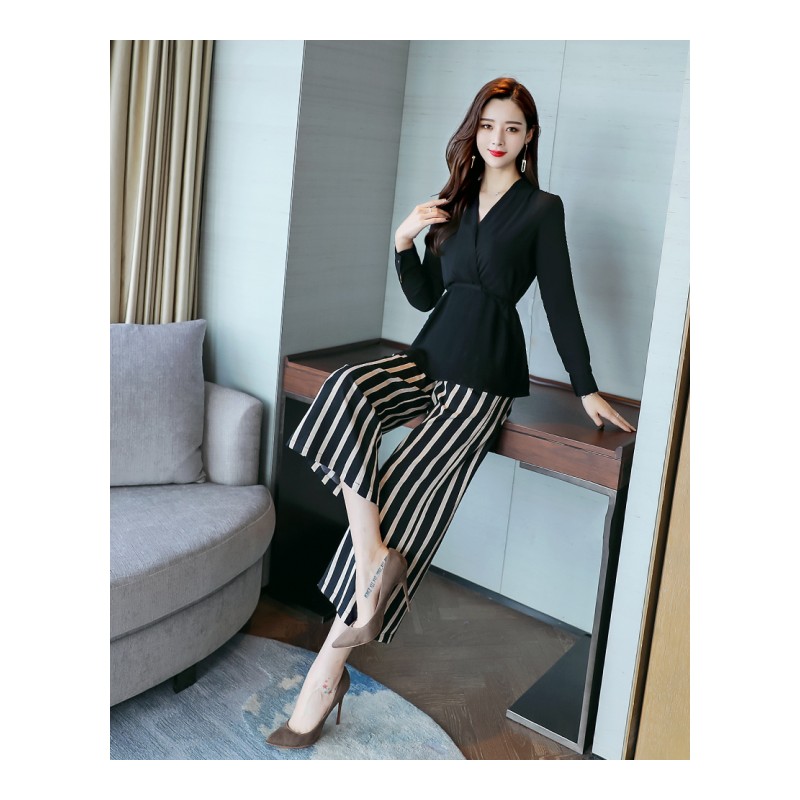 2018年秋季新款时尚韩版气质女士显瘦雪纺衫阔腿裤两件套时尚套装