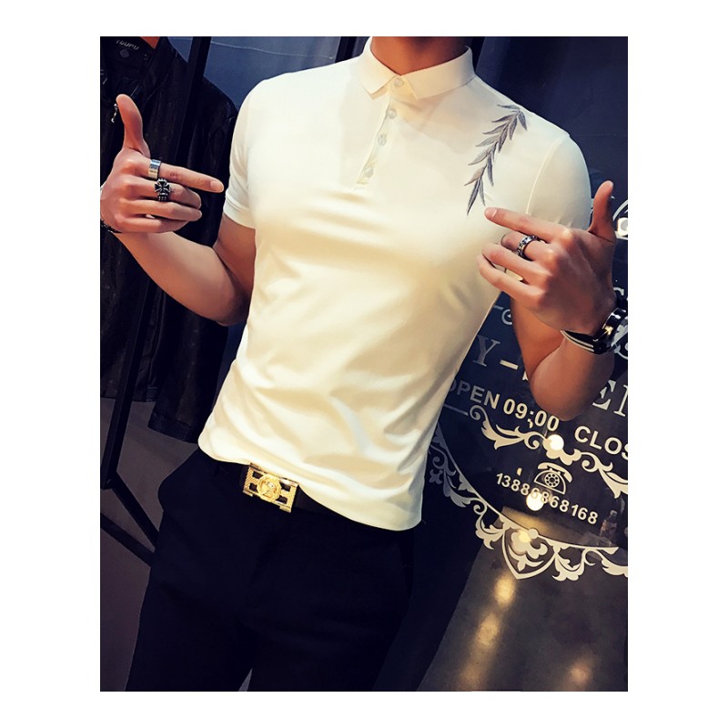 2018个性T恤男创意短袖刺绣潮男翻领polo衫半截带领白搭打底体恤