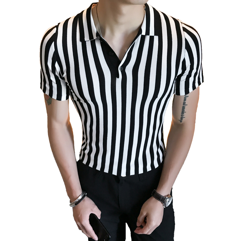 2018夏季韩版男装半袖针织修身短袖POLO衫条纹翻领短袖针织T恤潮