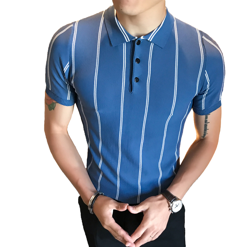 2018夏季新款POLO衫男短袖修身冰丝条纹针织翻领弹力短袖T恤潮流