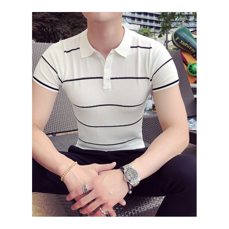 夏季新款短袖T恤翻领条纹polo衫男士韩版修身帅气半袖上衣服潮流