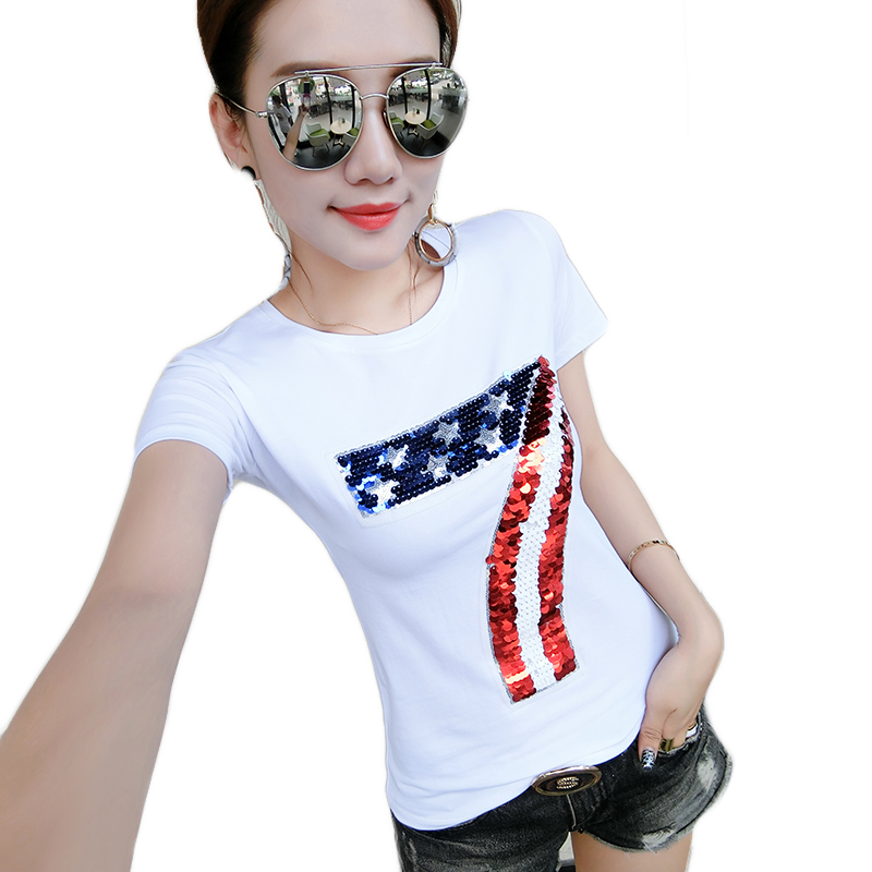 2018新款女装夏季韩版修身显瘦学生体恤大码白色纯棉亮片短袖T恤