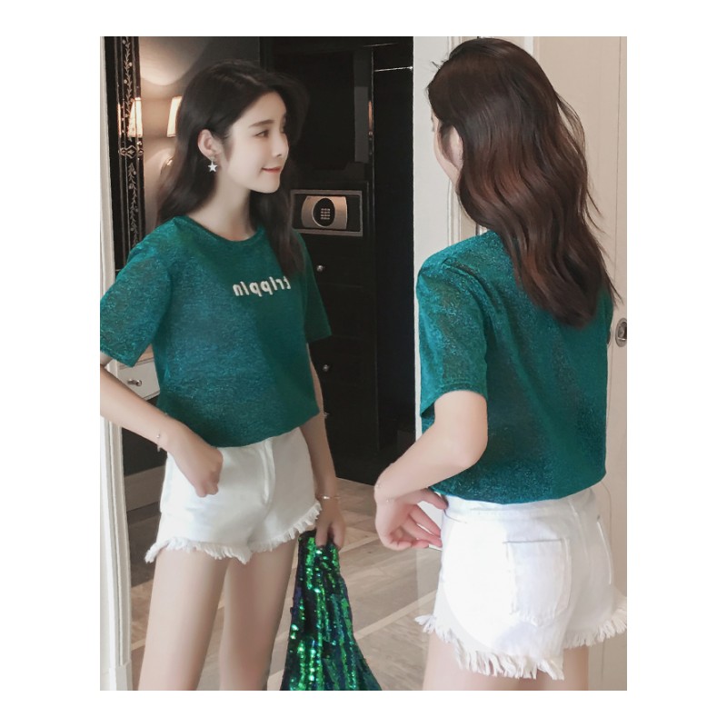 韩版2018夏季新款半袖字母亮丝时尚短袖T恤圆领宽松打底衫女上衣