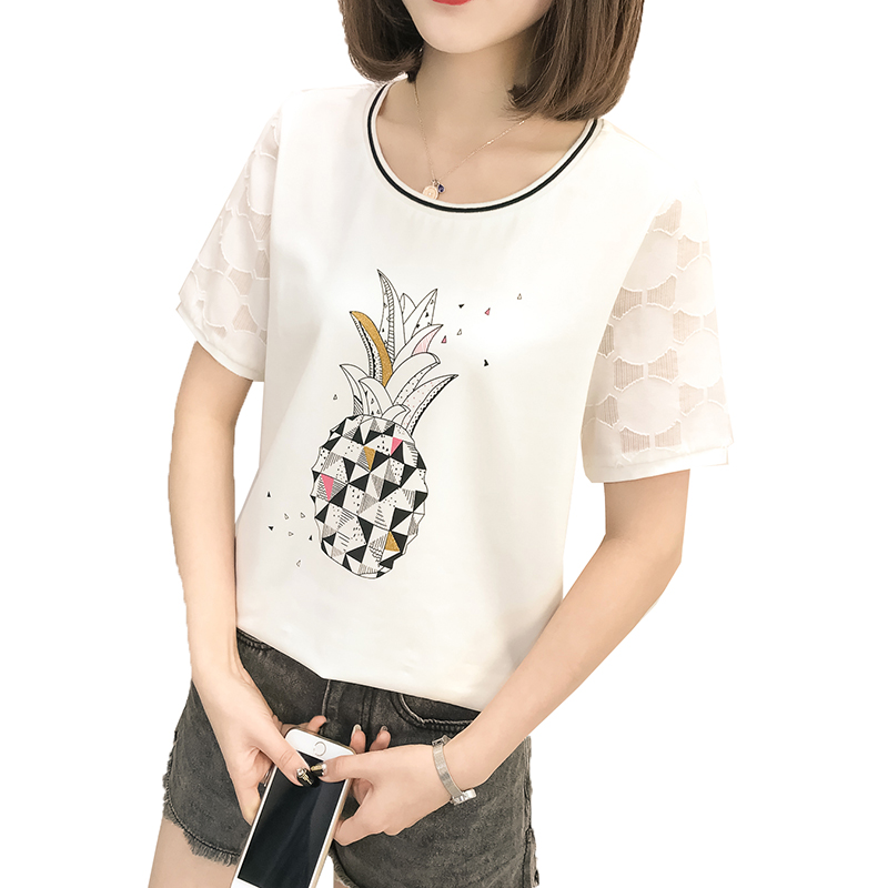 简约T恤女短袖夏季韩版宽松圆领印花学院风初中高中学生白色上衣