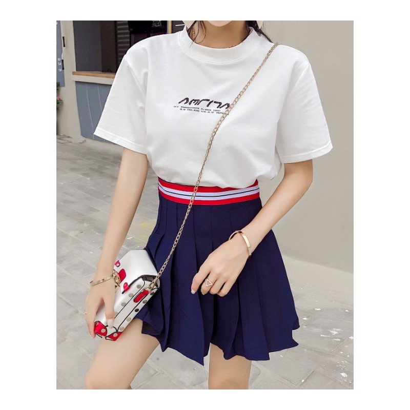 2018夏季新款韩版气质修身百搭字母印花短袖T恤+百褶半身裙套装潮