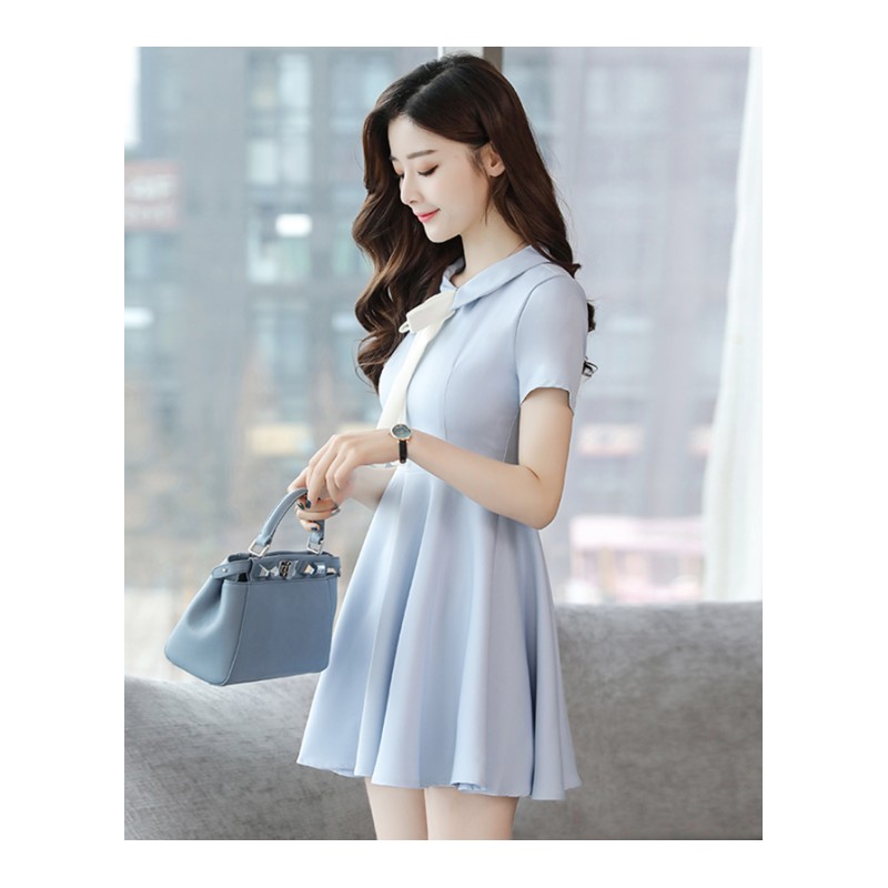 2018夏季韩版女装修身高腰显瘦学院风娃娃领短袖小清新中长连衣裙