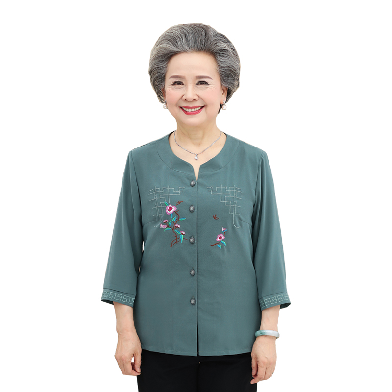 中老年人夏装上衣妈妈衣服60-70-80岁老人奶奶夏季T恤绣花衬衫薄