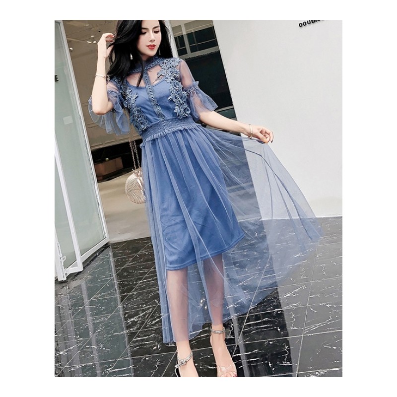 2018夏季新韩版女装喇叭袖花朵网纱时尚两件套中长款仙女裙连衣裙