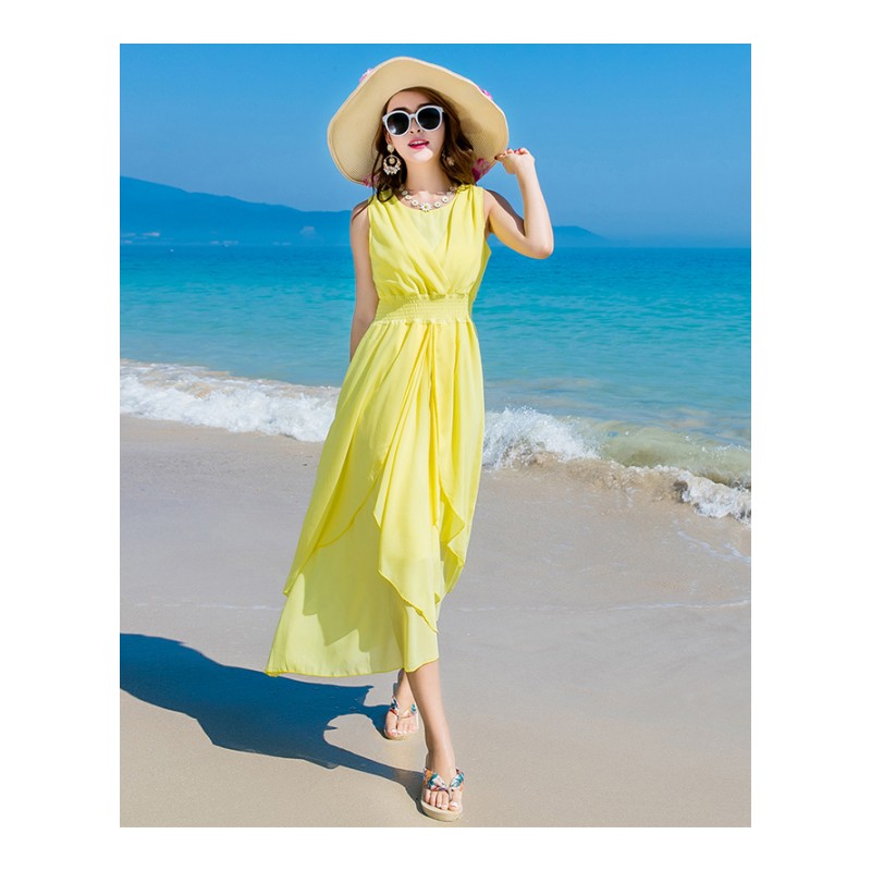 海边度假显瘦纯色沙滩裙气质飘逸波西米亚无袖雪纺连衣裙夏中长款