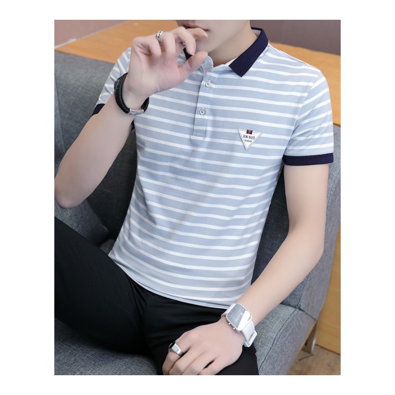 DNH2018夏季新款男士短袖T恤翻领条纹POLO衫潮流韩版体恤青年上衣