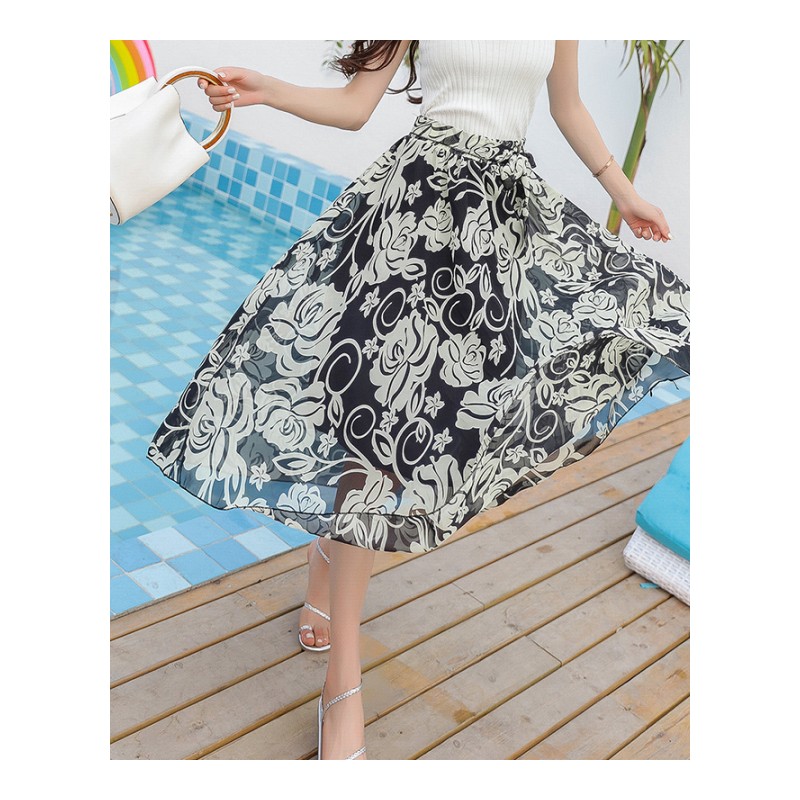 2018夏季新款女士雪纺印花沙滩裙收腰显瘦印花半身裙花色