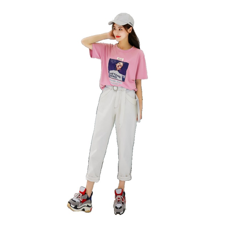 时尚百搭休闲运动套装女2018夏装新款韩版显瘦印花圆领T恤潮