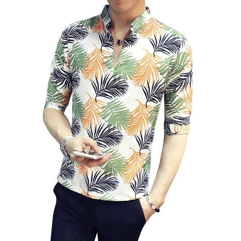 18韩版男装时尚百搭都市七分袖立领青少夏季纯色修身印花衬衫心机