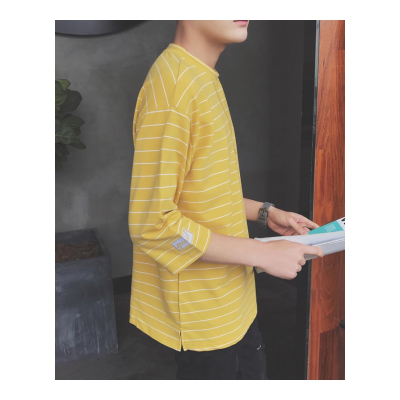 2018夏季新款时尚男式T恤圆领条纹五分袖T恤韩版青年宽松体恤心机
