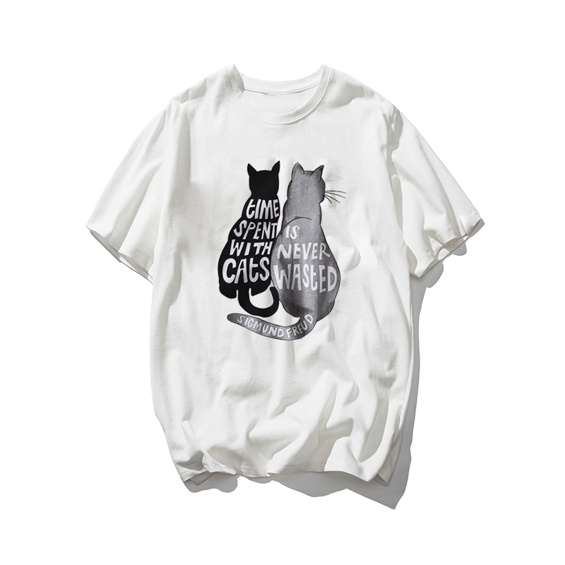2018年男士夏季新款韩版潮流宽松百搭宽松短袖小猫印花BF港风T恤
