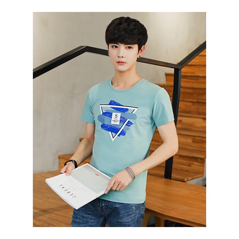 韩版男装春季青春流行纯色圆领薄修身印花短袖青少棉T恤