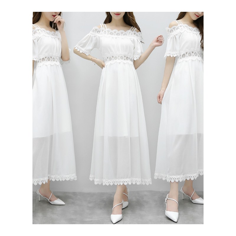2018夏季韩版很仙短袖一字领带过膝长款雪纺高腰修身显瘦连衣裙