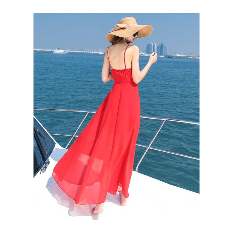 波西米亚开叉V领海边度假沙滩裙雪纺红色带漏背荷叶边连衣裙女