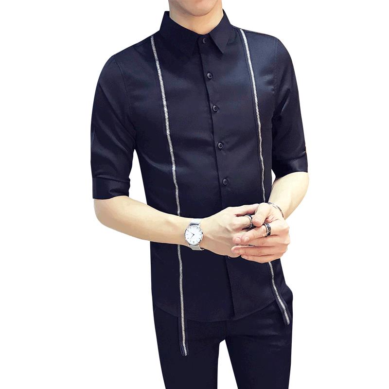 男装修身型涤纶时尚都市夏季七分袖纯色青少修身衬衫心机大码韩版