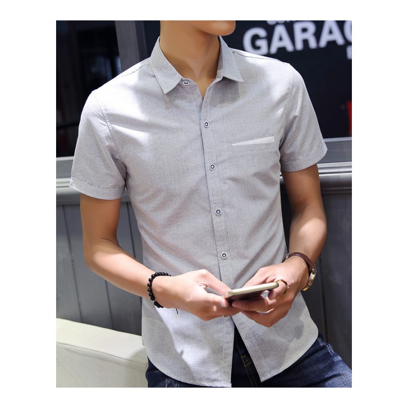 夏季新款男士短袖衬衫 韩版潮流修身青少年纯色短袖衬衣男心机潮
