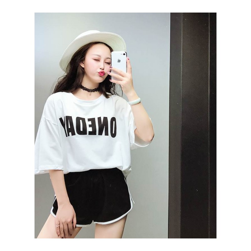 2018夏季新款女装显瘦韩版印字母棉T加松紧腰短裤时尚套装