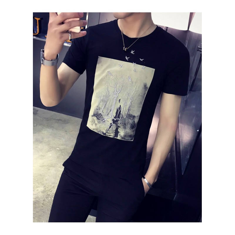 2018韩版男装休闲青春流行植物花卉夏季修身青短袖圆领T恤