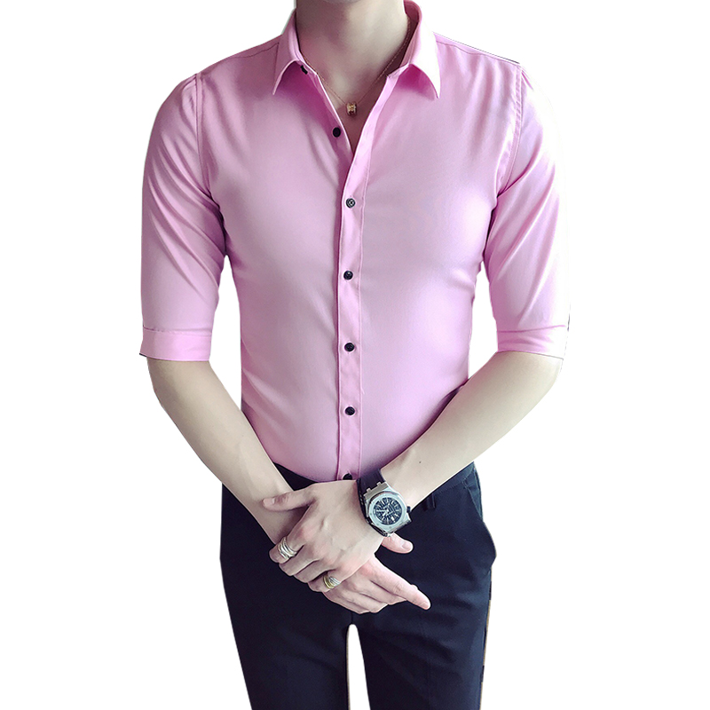 2018春夏新款韩版修身英伦风短袖衬衫男七分袖型师衬衣修身型男