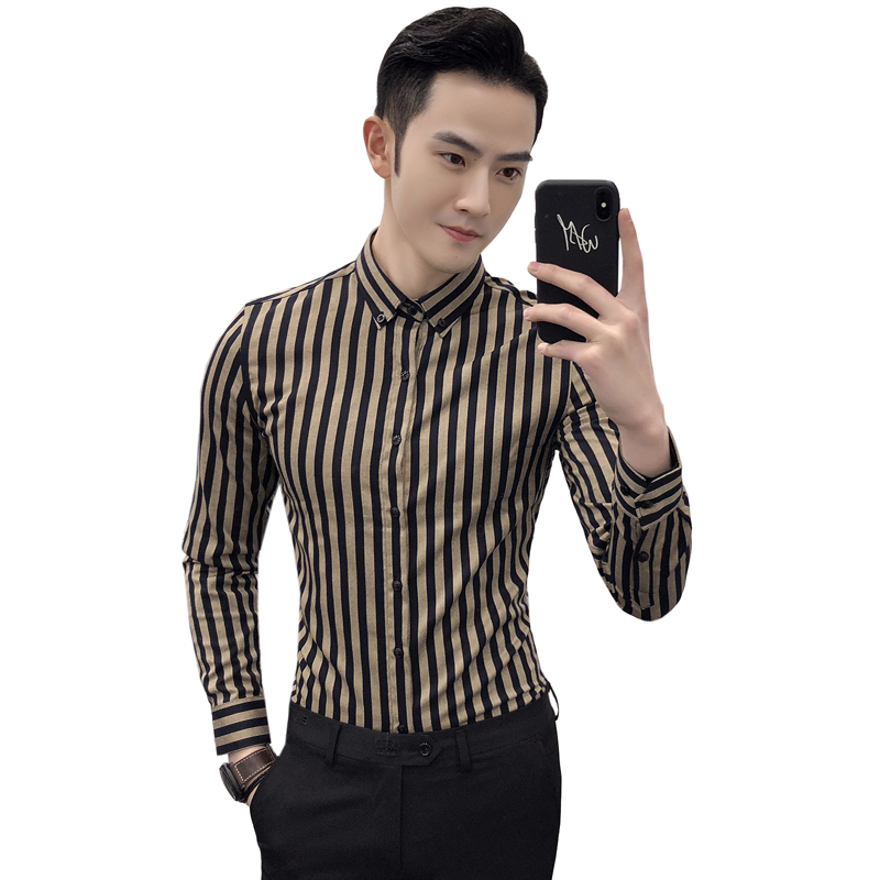 新款韩版条纹衬衫男士长袖职场商务衬衫型师英伦修身衬衣男长袖