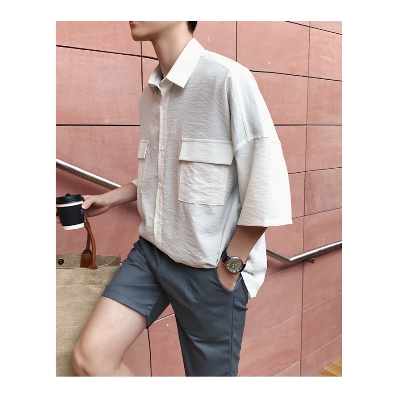 夏款港风男士口袋短袖白衬衫复古上衣纯色简约休闲衬衣半袖衣服潮