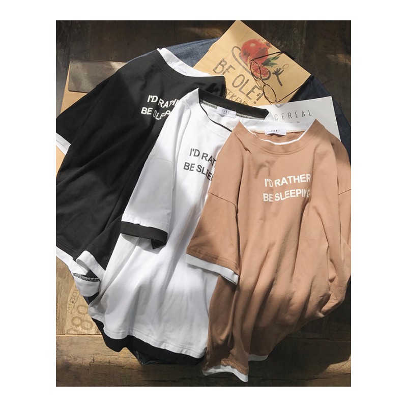 2018夏季假两件圆领短袖T恤男韩版宽松字母印花小清新潮tee打底衫
