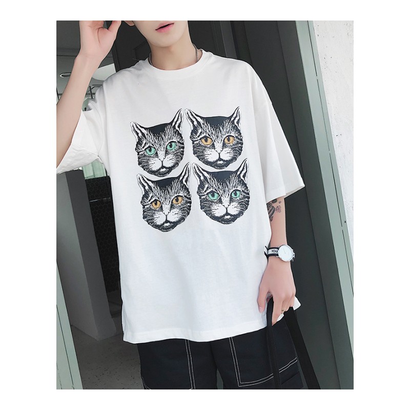 港风夏装年轻T恤男士短袖圆领男装 大码动物猫头印花体恤趣味潮牌