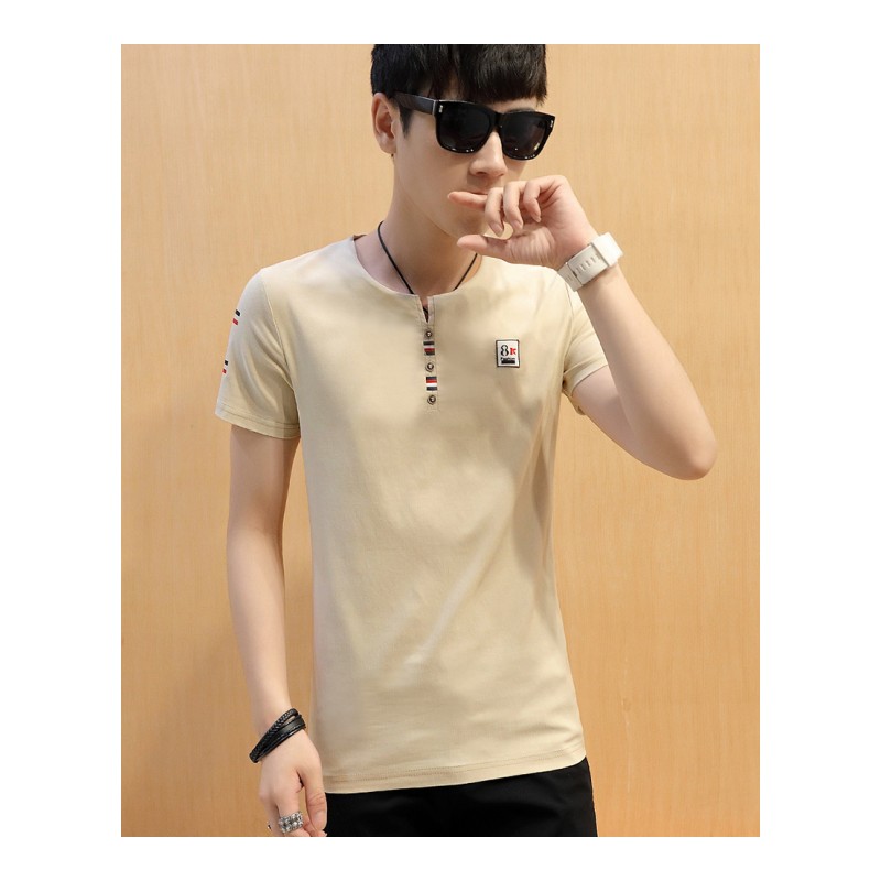 夏季男士修身V领短袖T恤男上衣服韩版青年半袖白色帅气打底衫体恤