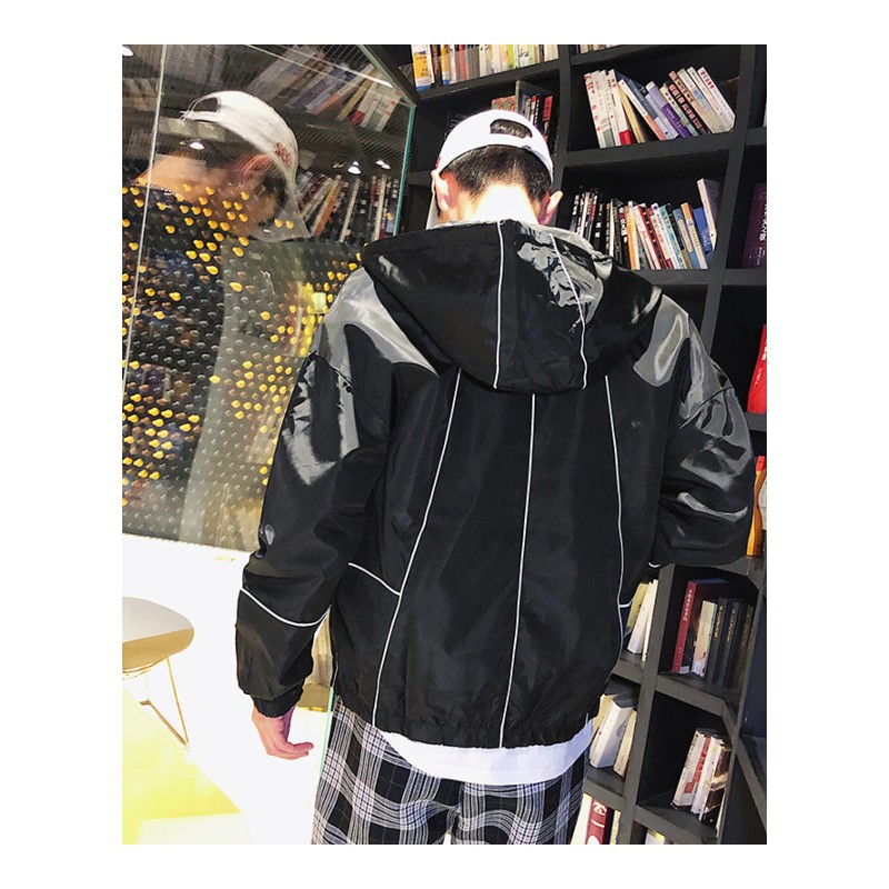 18春季新品韩版男款宽松显瘦线条拼接连帽夹克学生工装防晒短外套