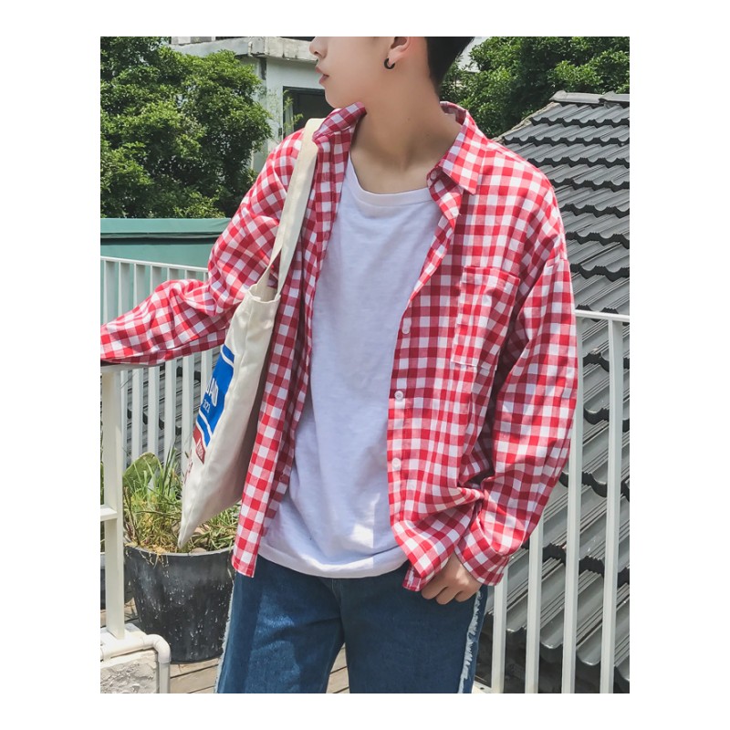 18春夏韩版宽松显瘦红白格子衬衣学生减龄口袋打底衫防晒短外套男