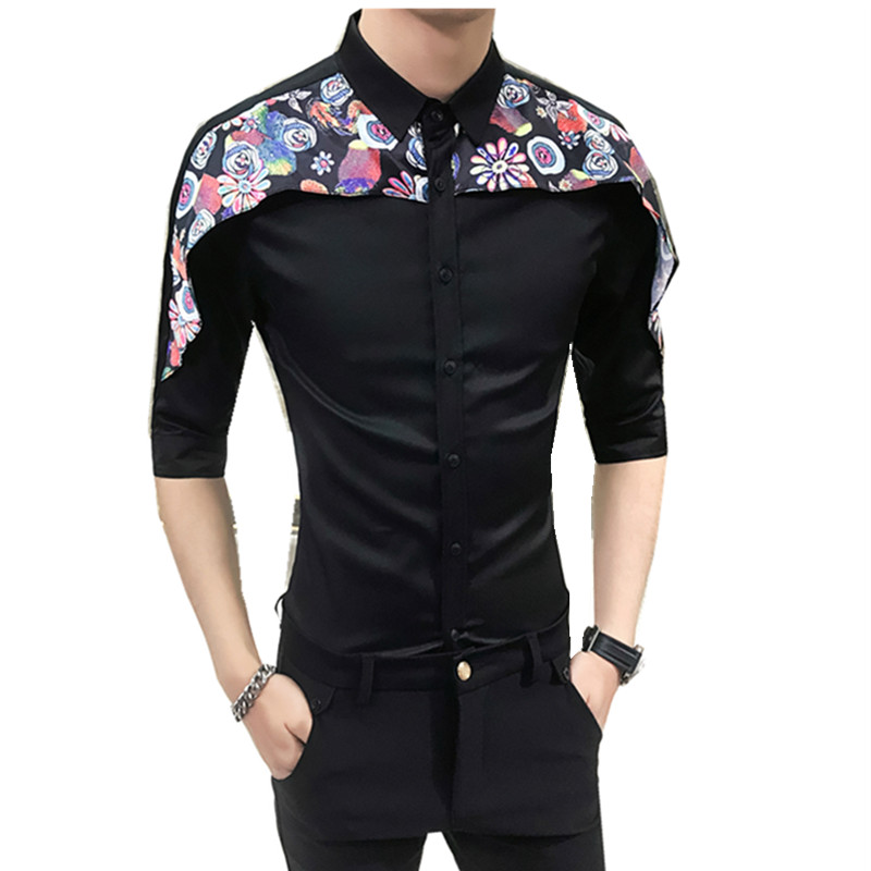 2018夏季男韩版修身衬衫型师七分袖工作服印花拼接中袖青年衬衫