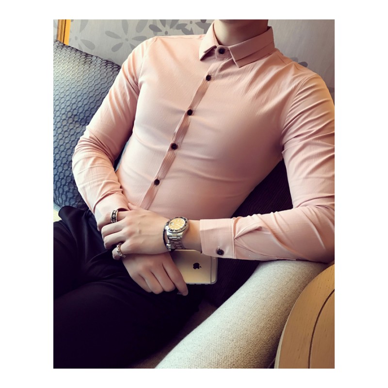 衬衫男2018春装英伦硬汉绅士男款长袖衬衫休闲纯色衬衣双层领上衣