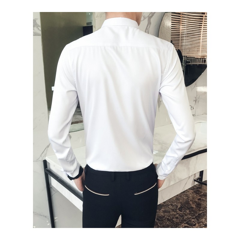 2018春装新品英伦绅士港风男长袖衬衫手工订钻装饰领潮型师衬衫