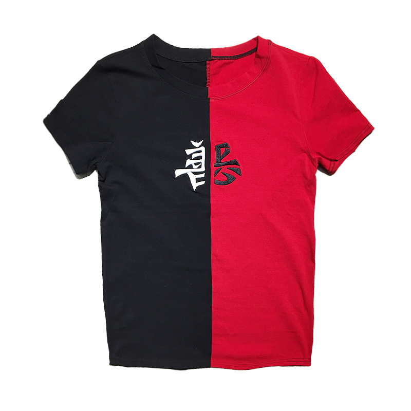 红色黑色拼接2018年夏天个性男士短袖 个性休闲圆领T恤修身型男生