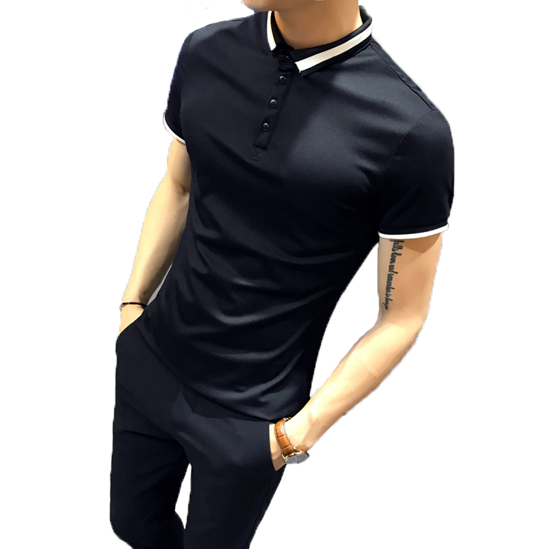 夏款男士纯色短袖POLO衫青年韩版修身个性领时尚休闲棉T恤打底衫