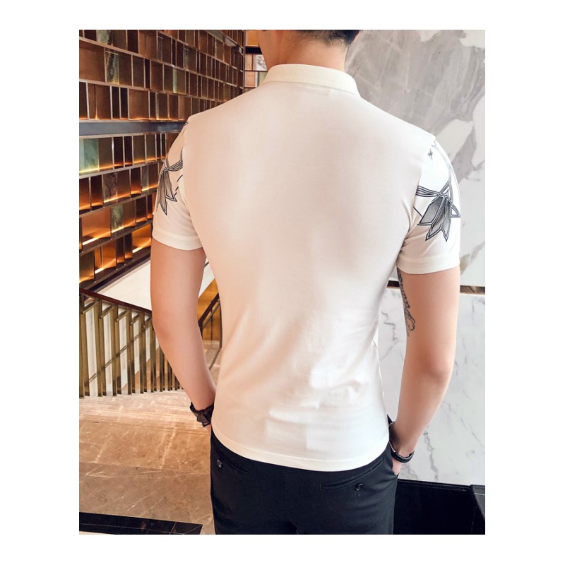 男士短袖T恤夏款新款时尚印花韩版修身polo衫男夏装衣服潮保罗衫