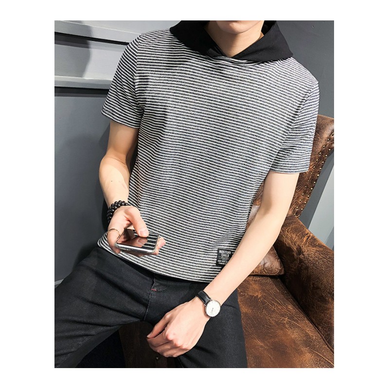 夏款男士连帽短袖T恤2018新款韩版时尚个性卫衣条纹带帽衣服体恤