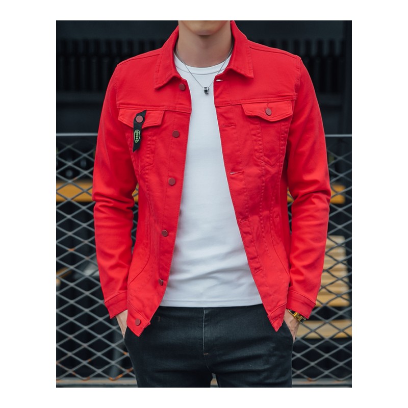 粉红色牛仔衣外套 2018年春夏男士翻领修身型休闲夹克个性大红色