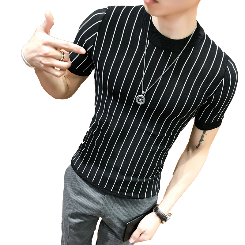 圆领短袖T恤男士2018夏款新款青年韩版修身帅气条纹潮针织打底衫