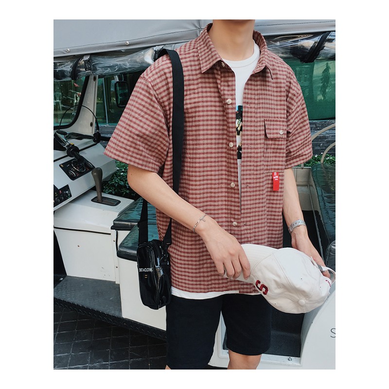 夏韩版日韩风潮男港风青年后背字母贴布格子衬衫男宽松短袖外套