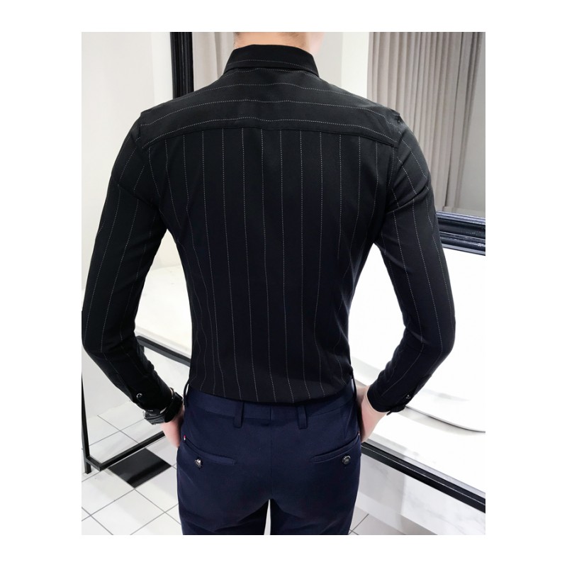 黑色竖条纹长袖衬衫 2018年春夏新款男士寸衣修身型休闲衬衫韩版