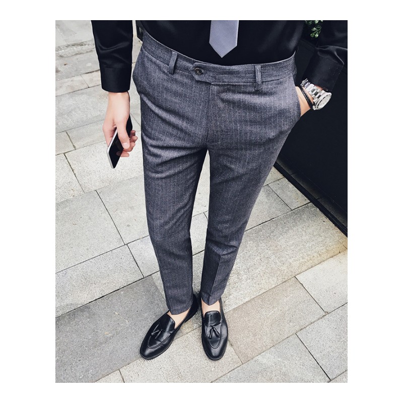 2018年春夏男士黑色竖条纹西裤灰色休闲裤英伦风修身型小脚裤礼服