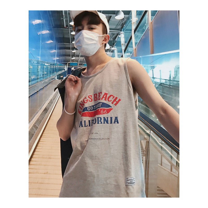 夏款新款韩版时尚男士潮牌字母印花运动背心男美式休闲无袖T恤