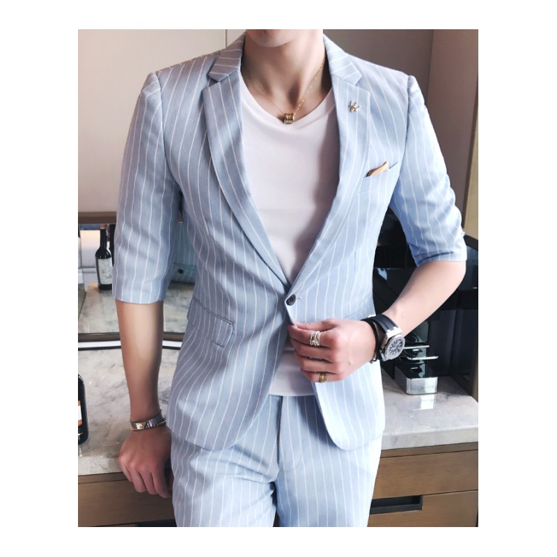 韩版夏款新款夜店潮男条纹七分袖西服套装青年型师小西装两件套