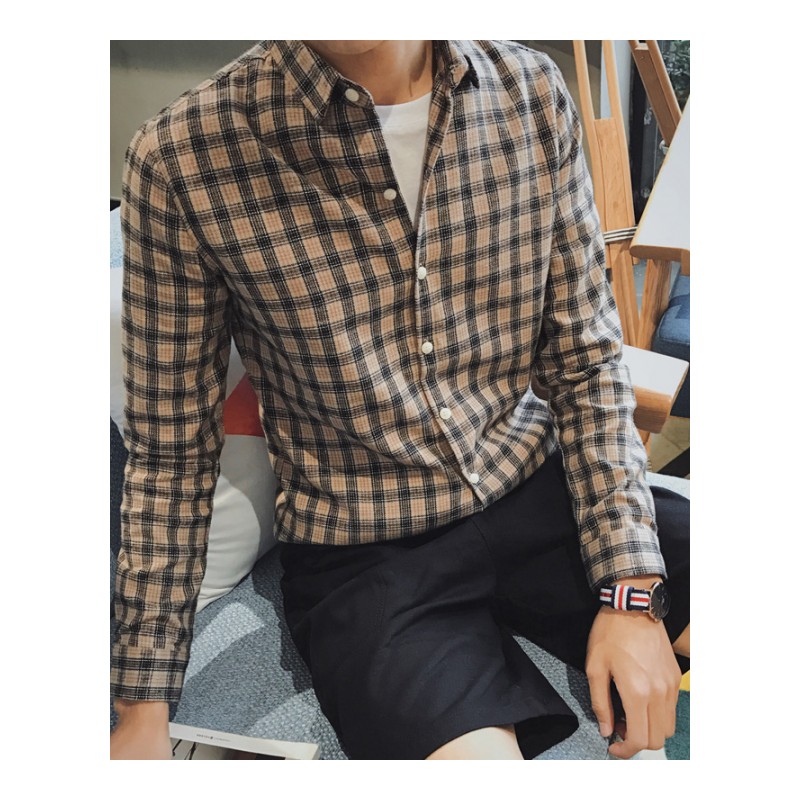 2018 春夏型师经典格子修身长袖时尚学生青少年男士衬衫外套